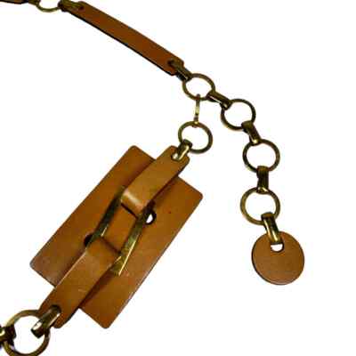Vintage Tan Leather Chain Belt One Size Geometric Retro 