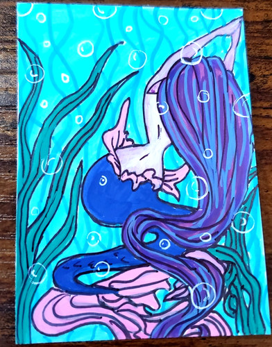 ACEO Original Art Card Mermaid Witch Bottle OOAK Painting Siren Water Spirit