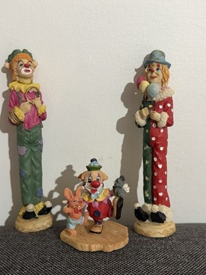 Vintage Lot of 3 Whimsical Clown Figurines - Tall ''Pencil'' & Enesco Style Resin
