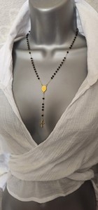 Authentic 18K Gold Plated Black Rosary Necklace Virgin Mary Cross 304