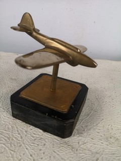 Vintage Brass Spitfire Plane On Wood Stand