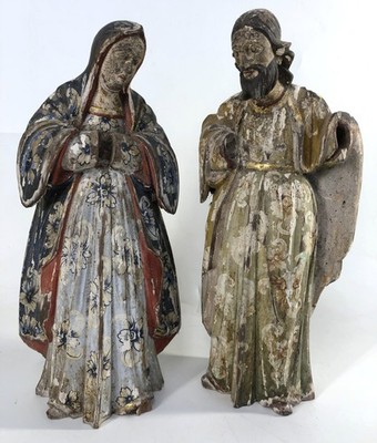 Antique Spanish Colonial Polychrome Carved Wood Santos  Virgin Mary Joseph Style