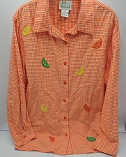 Quaker Factory 2X Whimsical Embroidered Fruit 100% Cotton Button-up Blouse