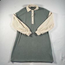     SHEIN Womens Small Green Waffle Knit Tunic Dress Button Neck Long Sleeve