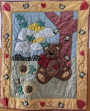 Vintage Hand Quilted Teddy Bear Quilt Wall Hanging Lap Size 36" 44"
