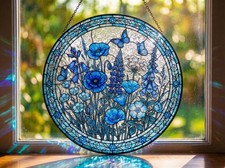 Blue Floral Stained Glass Suncatcher Custom Window Decor, Spring Gift for Mom