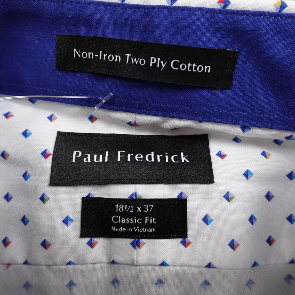 Paul Fredrick Shirt Mens 18.5 37 2XL White Blue Geometric Flip Cuff Classic Fit - Image 4 of 4