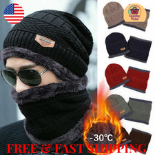 Mens Womens Winter Beanie Hat Scarf Set Warm Knit Hat Thick Fleece Lined Cap