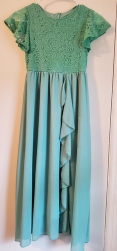 Girls Lace Flower Maxi Dress Ruffle Sleeve A-Line Flowy Bridesmaid Chiffon Dress - Picture 5 of 6