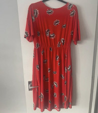 Warehouse Red Floral Jersey A-Line Knee Length Dress UK 12 Short Sleeve