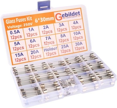168 Stück verschiedene Glasrohrsicherungen 6x30mm 0,5A-30A mit 12 Sicherungshaltern