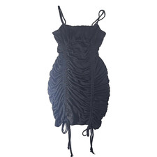 Inspired Hearts Black Ruched Bodycon Mini Dress Square Neck Drawstring Hem M