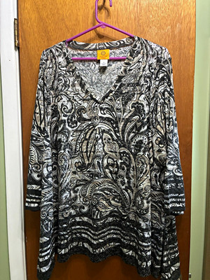 Ruby Rd Women s XL Black/White Paisley Cowl Neck 3/4 Sleeve Tunic Blousesize 2x