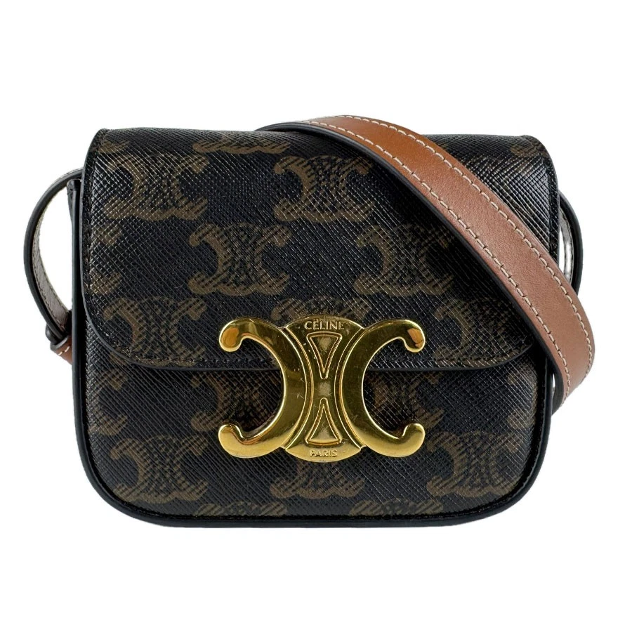 Celine — Auth CELINE Triomphe Mini Claude Shoulder Bag Brown/Gold PVC/Leather - z9713