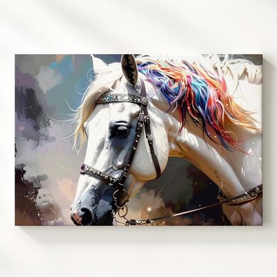Celestial Grace Canvasfantasy White Horse With Jewel-Toned Mane Wall Art
