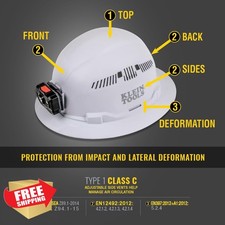 Klein Tools Hard Hat Vented Full Brim, Rechargeable Headlamp, White