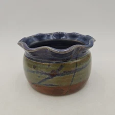 Three Stripe Studio Art Pottery Vase or Planter w/ Scalloped Rim Signed