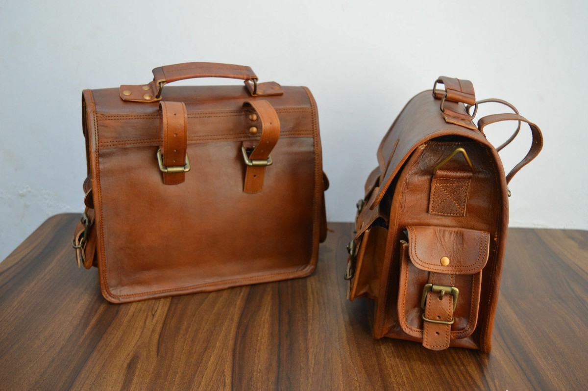 Two Brown Leather Side Pouch Leather Motorcycle Saddle Bags