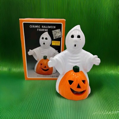 Vintage Halloween Ghost Behind Jack O Lantern Ceramic Figurine | eBay