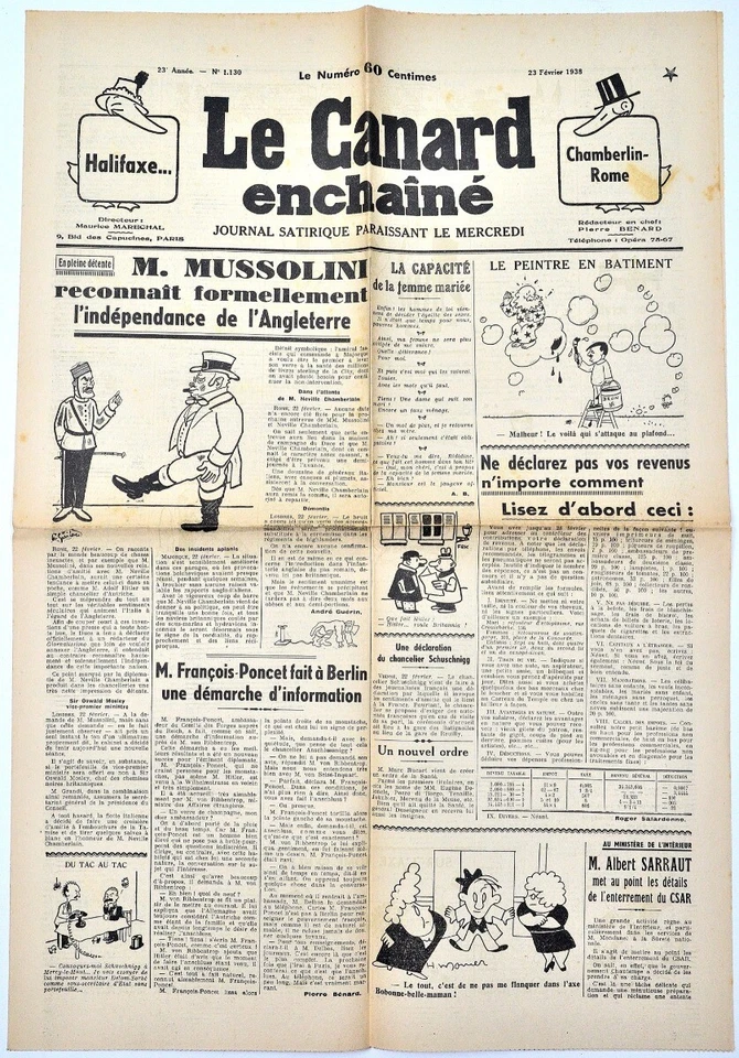 Le CANARD ENCHAINE numero 1130 - 23/02/1938 - Photo 1/1