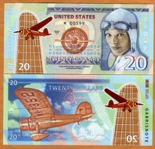 USA, $20, 2020, private Issue, clear window polymer, Amelia Earhart