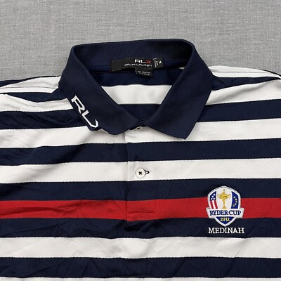 RLX Ralph Lauren Shirt Mens Med Golf Polo Striped Red White Blue Medinah 