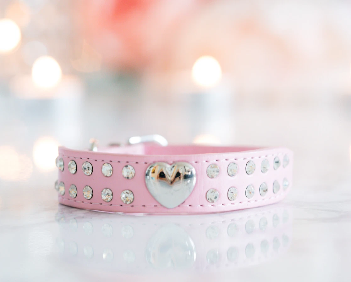 NEW Luxury Vegan Pet Collar Princess Pink Heart Rhinestone Collar Dogs Cats Pets
