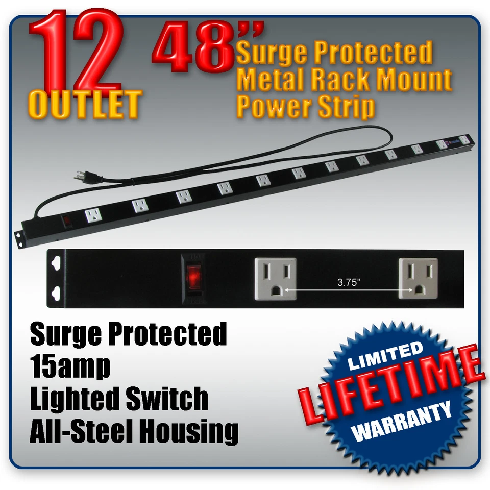 48" 12 Outlet Metal Rack Mount Power Strip Surge Protected Lighted Power Switch - Image 3 of 4