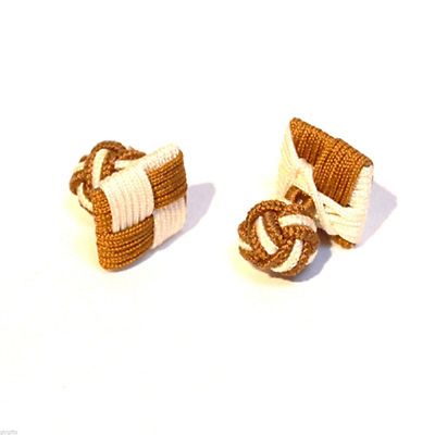 Orange & Brown Silk Knot Style Cufflinks - Rhodium Plated Brass - Cadogan Gifts