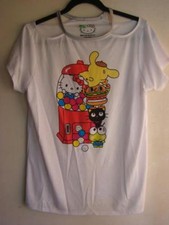 HELLO KITTY WHITE SS T-SHIRT W/CUT OUT SHOULDER LADIES JR MED NEW LAST 1 LEFT
