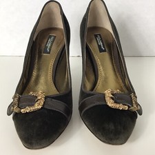 Dolce & Gabbana Pump Size 35 EU/ 5B Brown Velvet Mixed Media Gold Tone Buckle 