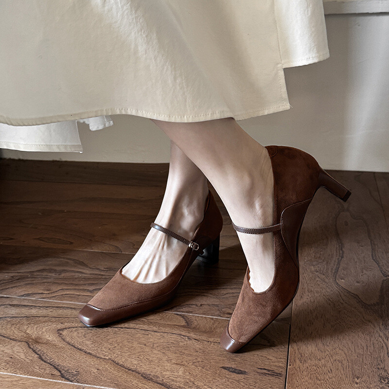 French Style Womens Suede Leather Mary Jane 2025 Spring Mid Heel