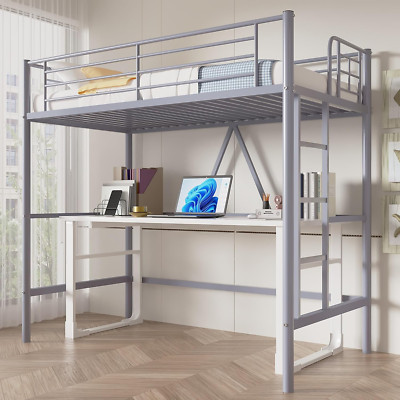 Twin Metal Loft Bed with Removable Ladder, Safety Guardrail, Space-Saving Grey