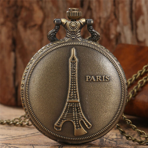 Antique Romantic Eiffel Tower Quartz Pocket Watch Pendant Necklace Chain Gift - Afbeelding 1 van 8