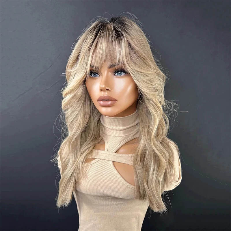 Ombre Ash Honey Blonde Colored Glueless Wigs with Bangs None  display picture 3