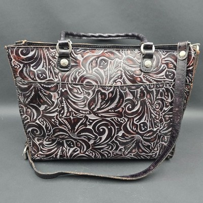Patricia Nash Black Tooled Leather Tote Bag Floral Crossbody Handbag