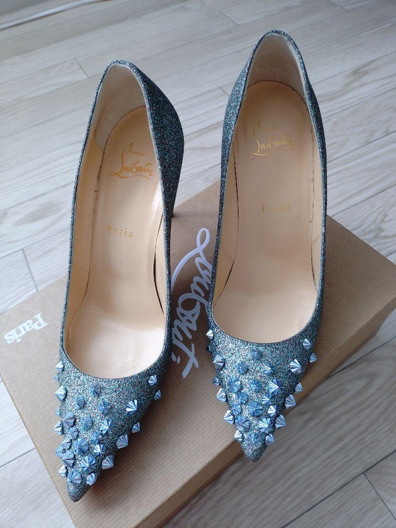 Christian Louboutin 青グリッター ハイヒール36サイズ　23 Christian Louboutin Blue Glitter Spiked Pointed Toe Heels