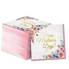 Teling 100 Pcs Mother's Day Napkins Disposable Paper Bulk Happy Gold Letter