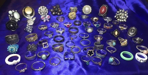 Vintage & Costume Jewelry Lot Of 67 Mixed Rings With Gemstone & Metal Designs