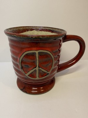 Home Essentials Handmade Red Ceramic Mug W/Embossed Peace Sign Ribbed Red Glazed