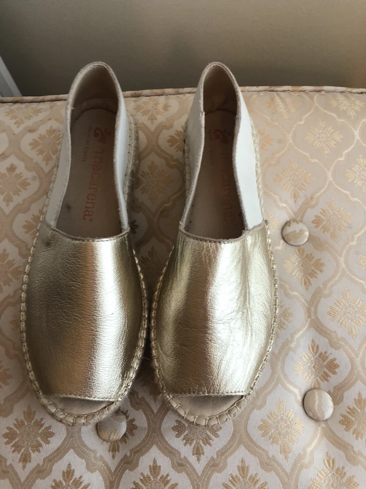 Macarena LeatherPeep Toe Platform Espadrille Gold/cream Handmade In Spain Size 7 - Image 2 of 4