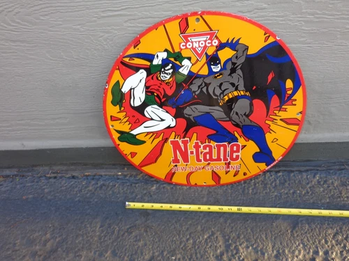 VINTAGE  18 in CONOCO N-TANE GAS BATMAN ADV. SIGN HEAV METAL PORCELAIN # L 61