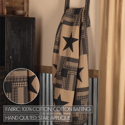 Black Check Star Quilted Throw 50x60 Patchwork Log Cabin Cotton VHC Black Tan