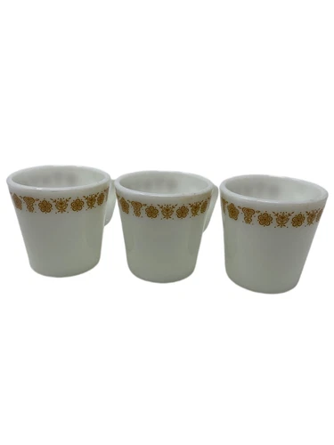 Vintage Pyrex Butterfly Gold 1410 Milk Glass D-Handle Coffee Cup Mug Lot of 3