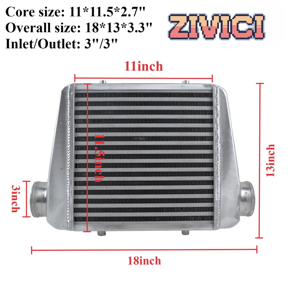 In/outlet 3" Overall size18"x13"x3.3" Universal Front Mount Aluminum Intercooler - Image 2 of 4