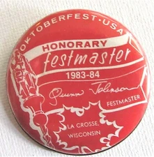 La Crosse, WI pinback button: 1983-84 OKTOBERFEST Honorary Festmaster pin, badge
