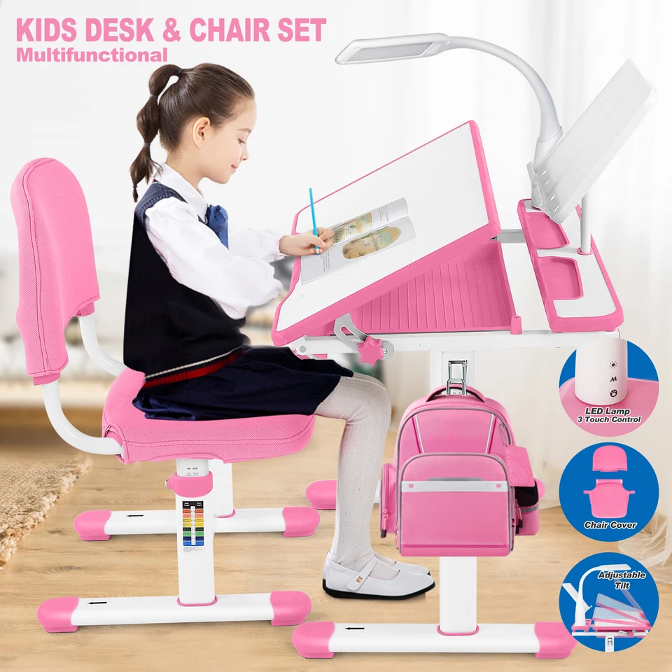Pink Height Adjustable Kids Study Desk Chair Set Table w/Lamp,Drawer,Chair Cover
