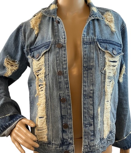 Volcom Women’s Blue Distressed Denim Short Long Sleeve Jeans Jacket Size Small. - Picture 3 of 13