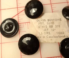 10 Vintage Jet Black Glass Shank Buttons  Dome Top With Facets 1-1/8"