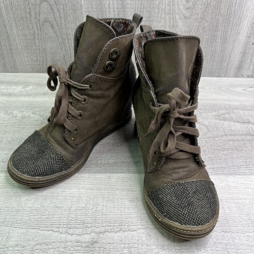 Blowfish Womans Ankle Boot Distressed Faux Leather Tweed Lace Up Wedge Heel Sz 7 - Picture 2 of 14